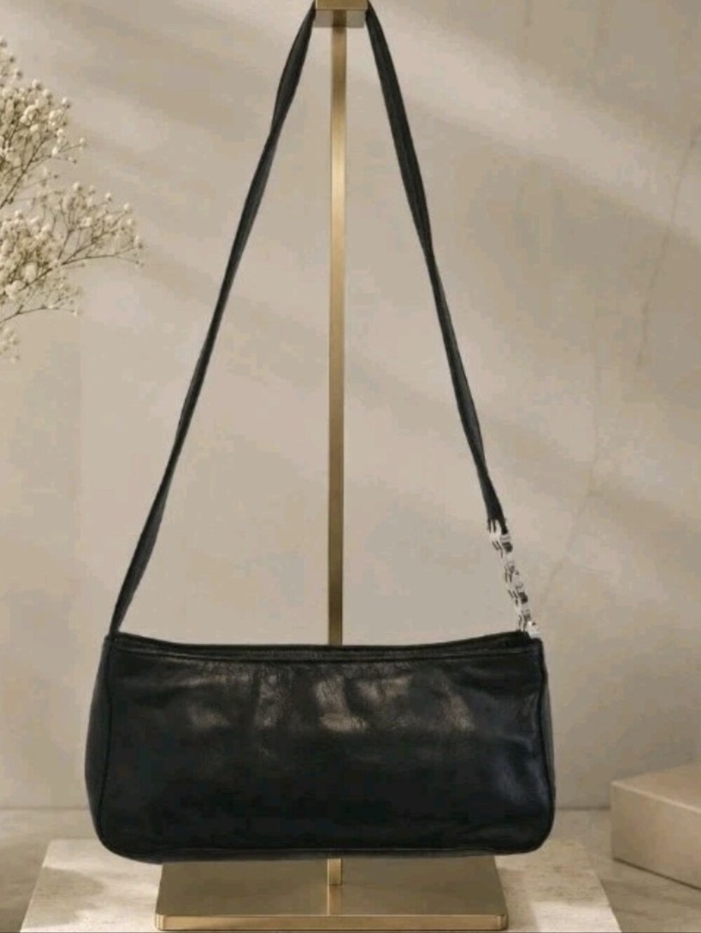 Vintage Perlina Small Shoulder Bag Black Genuine Leather East-West Baguette Y2K